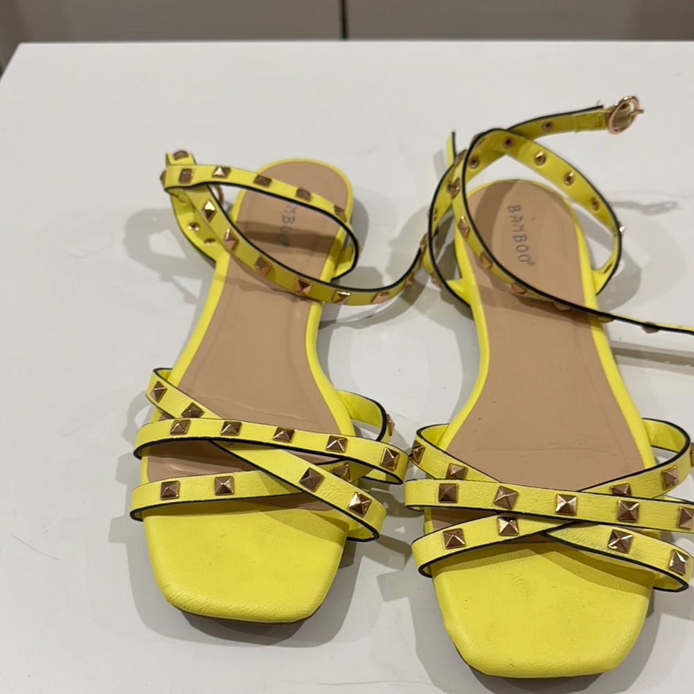 BAMBOO Yellow Studded Sandals with Ankle Strap